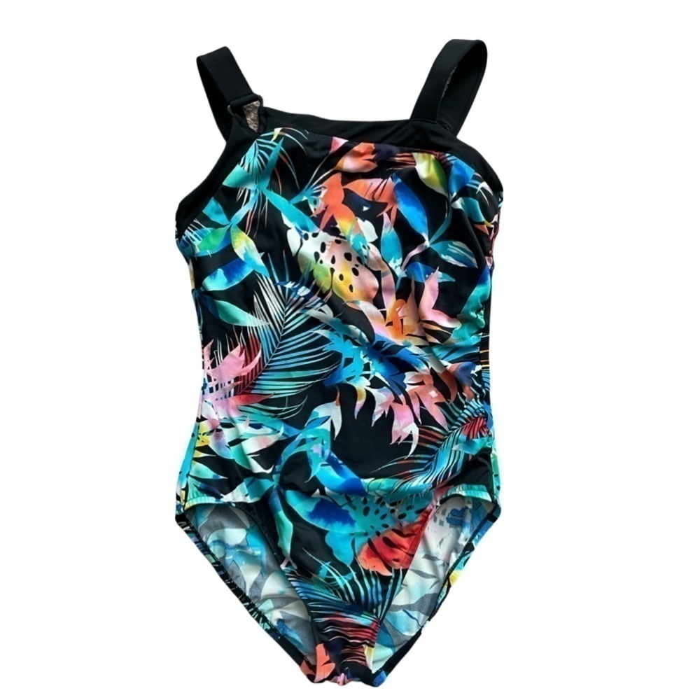 Tropical One Piece Swim Suit With Asymmetrical Neck.